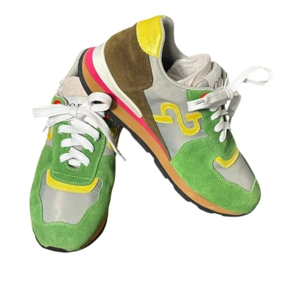 Vintage-Inspired OPP Green & Yellow Suede Running Shoes With White Laces - Picture 2 of 15